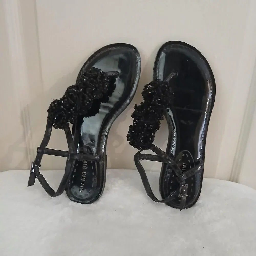 Y2K Vintage Mcbling Gianni Bini Black Beaded Cluster Flat Thong Sandals Festival